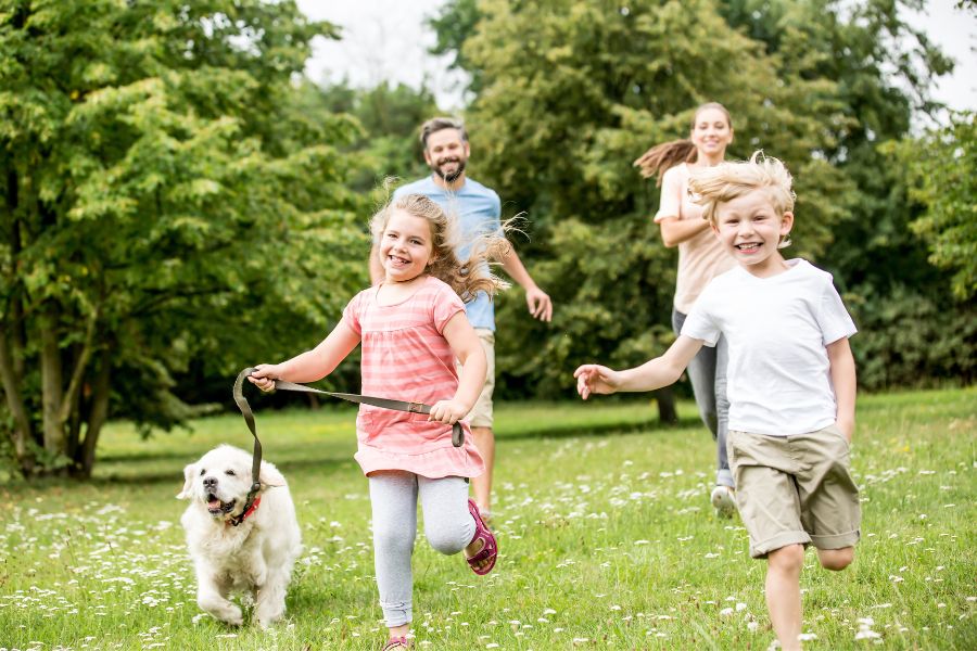 família feliz corriendo por una zona verde